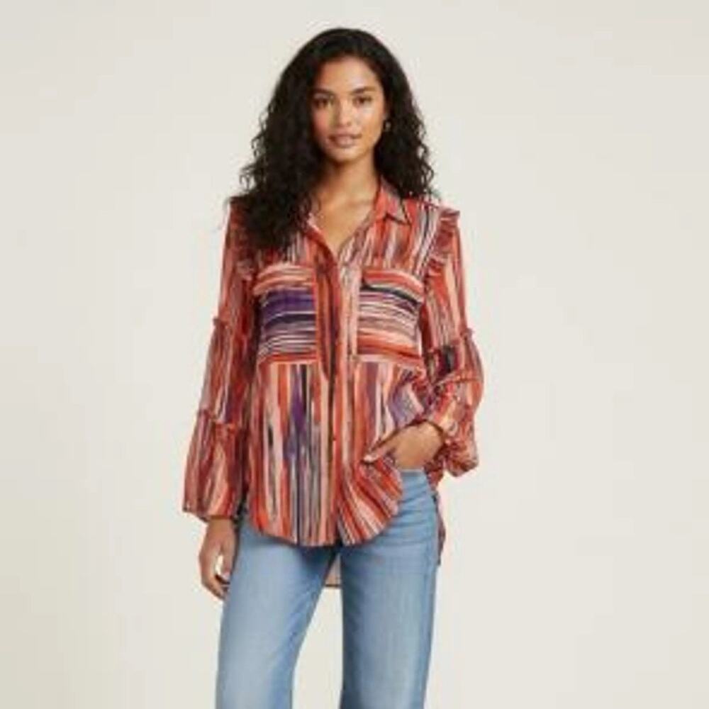 MISA Los Angeles Striped Pattern Ruffle Bell Sleeve Blouse Sheer Sz XS